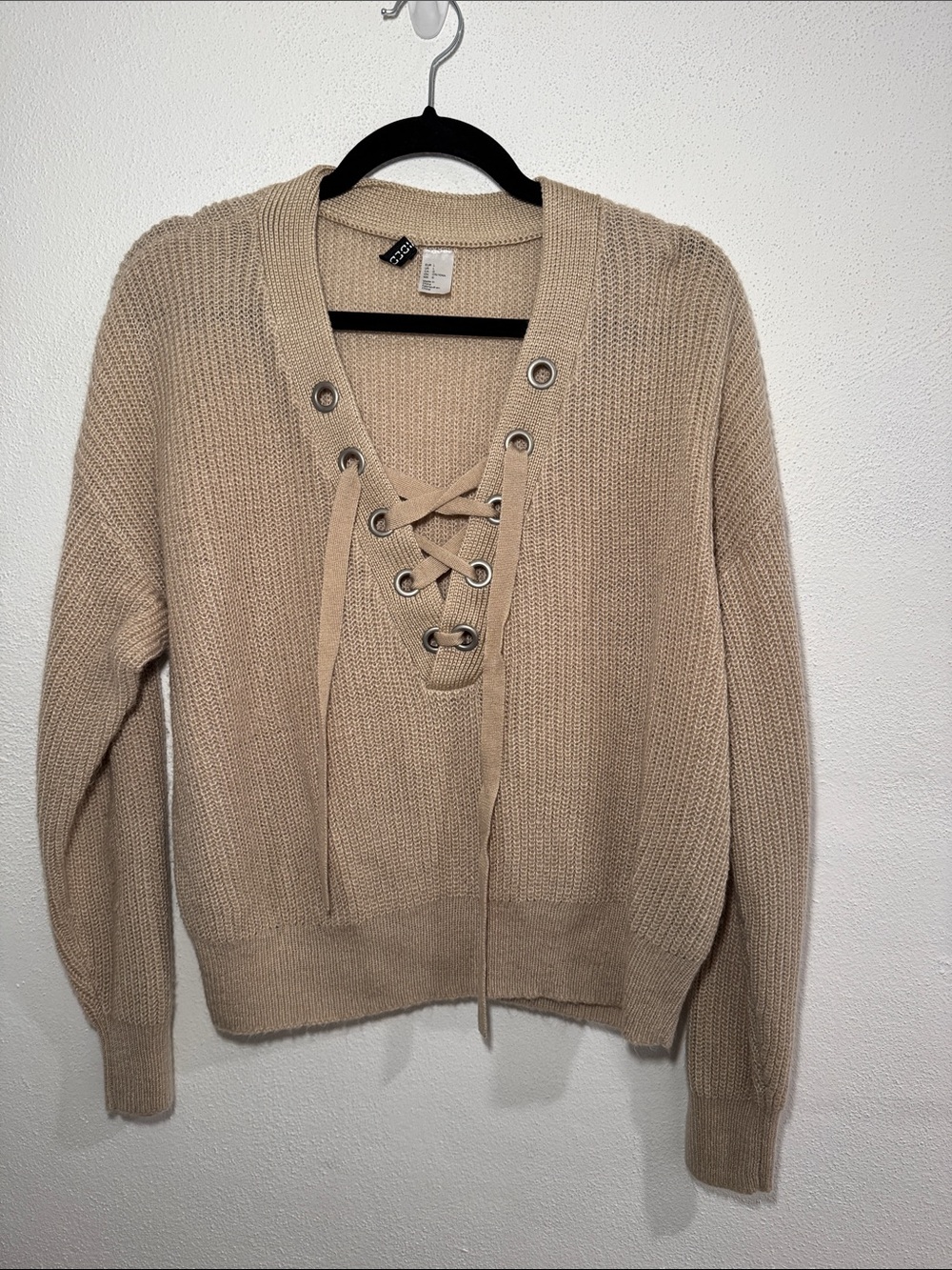 H&M Beige Lace-Up V-Neck Sweater
